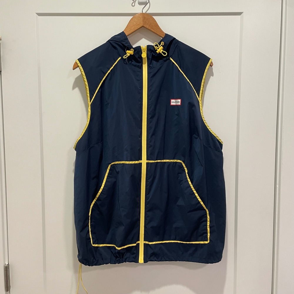 Hunter for Target Navy Blue Yellow Hooded Windbreaker Vest Mens 2X XXL Full Zip